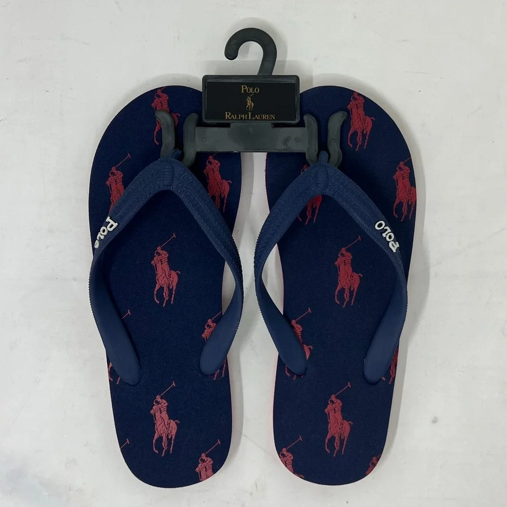 Polo Ralph Lauren Unisex Junior Flip Flop Navy/ Red Pony Logo‎ US Size 4 VTG NEW